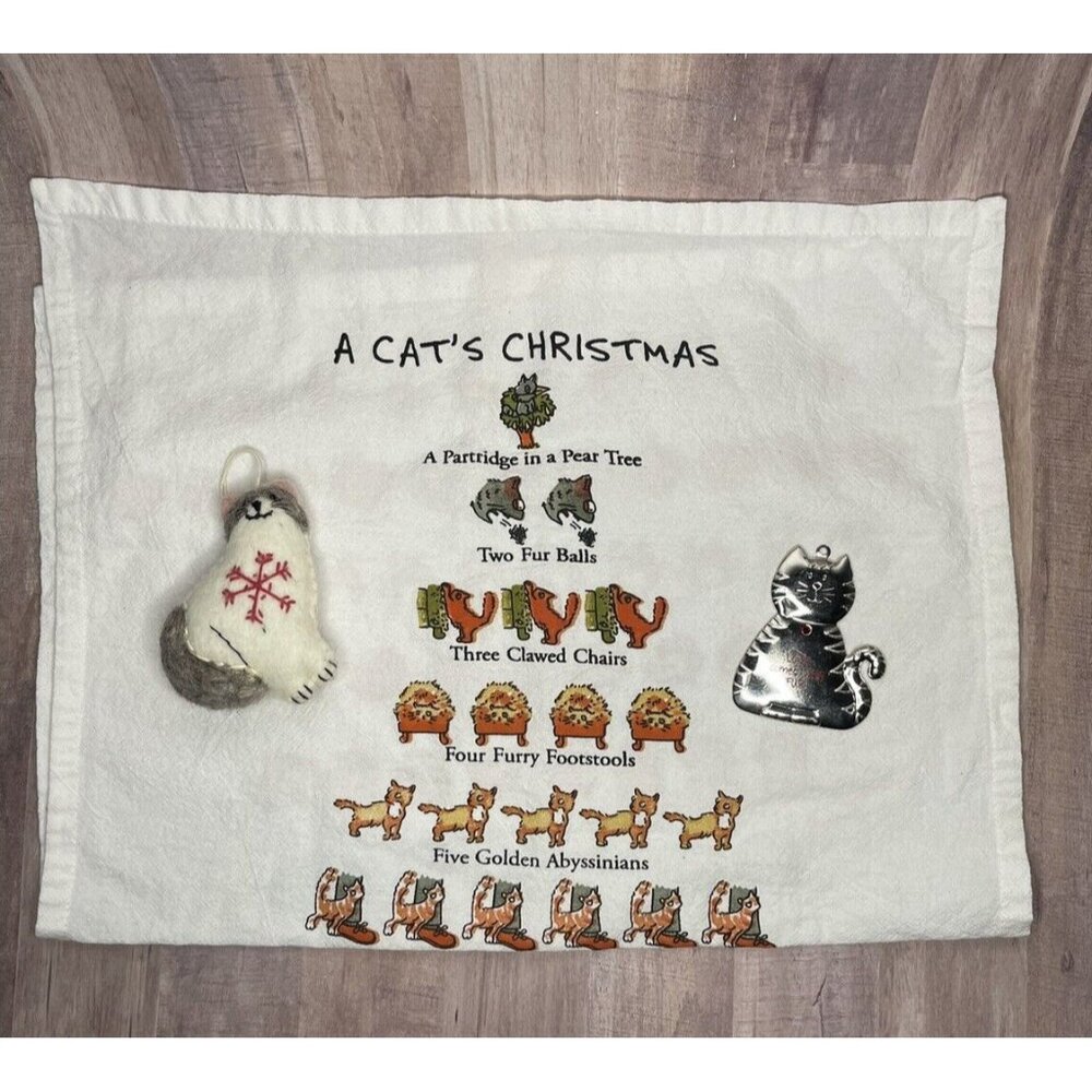 3 pc CAT Theme Christmas Felted Ornament, Metal Ornament, Cotton 17x25 Dishtowel